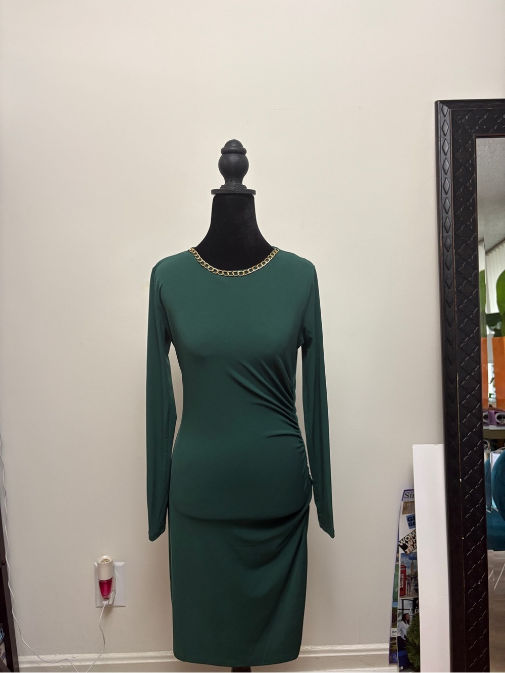 Michael Kors Emerald Green Long-Sleeve Sheath Dress with Gold Chain